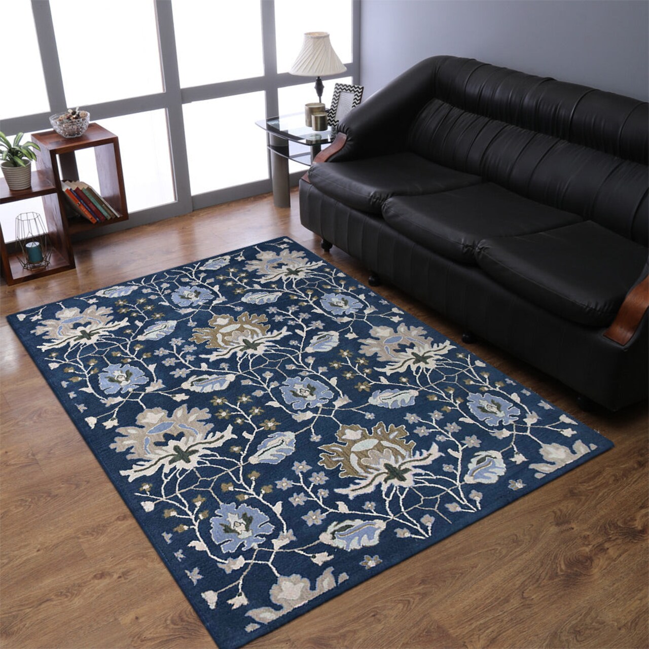 Hand Tufted Wool Area Rug Floral Blue K00522 Eco-Friendly Soft High-Pile 5X7